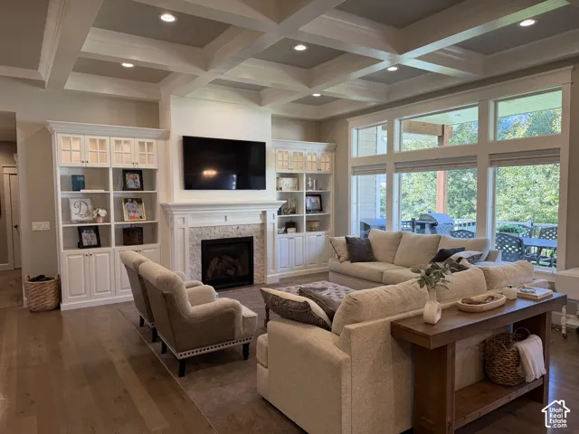 Coffered ceiling with recessed lighting
