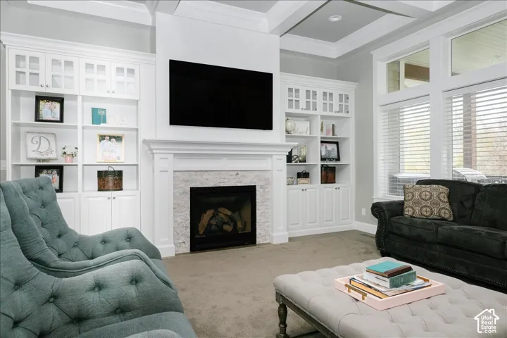 Built-in shelving and cabinetry flank a gas fireplace with a stone surround