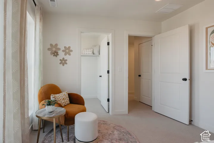 Neutral-toned carpeting, white interior doors with black hardware, and an integrated closet with shelving