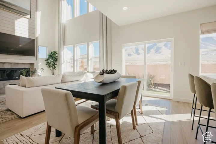 Open-concept living space featuring a stone-surround fireplace, shiplap accent wall, and wood-finish flooring