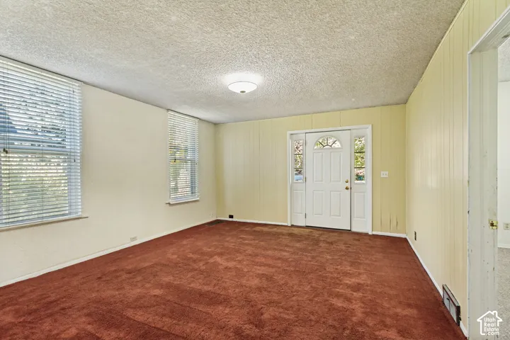 Entryway with a paneled accent wall and a white multi-paneled door with sidelights