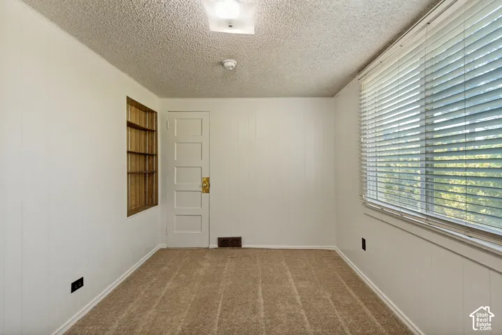 Carpeted room featuring vertical paneling, a multi-pane door, and a window with blinds
