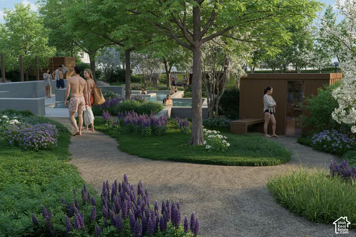 Manicured landscaping with lush greenery and purple flowering plants