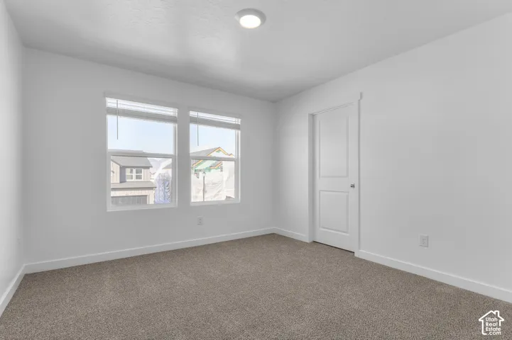 Neutral tone wall paint, textured carpeting, double windows, white door with paneling, and ceiling-mounted light fixture