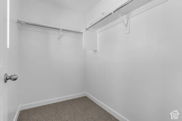 Walk-in closet featuring an integrated shelving system, metal hanging rods, and neutral-toned carpeting
