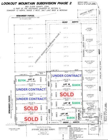 Subdivision Plat. Illustrating the layout of Lookout Mountain Subdivision Phase 2 with lot statuses and pricing information