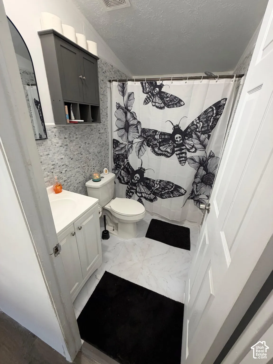 White vanity with cabinet storage