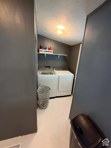 Laundry area featuring a sloped ceiling, overhead lighting, and wall-mounted shelving
