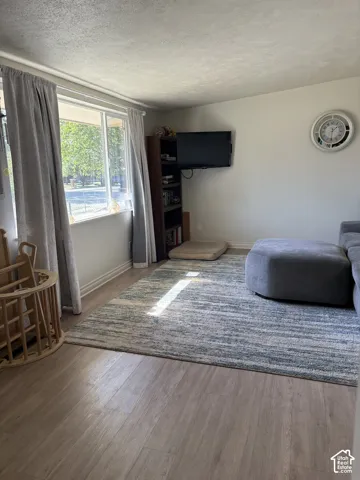 Wood-finish flooring with a large window