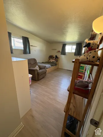 Warm-toned wood-finish flooring complements the light wall color