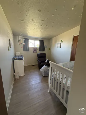 Wood-finish flooring with a window offering natural light, and a solid core door
