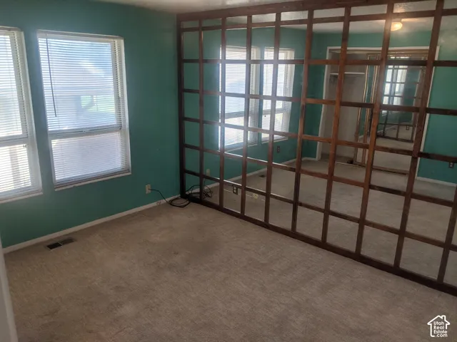 Spacious room featuring multiple windows, wall-to-wall carpeting, and a decorative wood-framed mirror partition