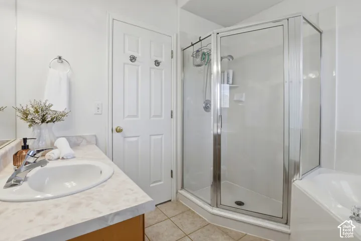 Vanity with an integrated sink, polished chrome faucet, and spacious countertop