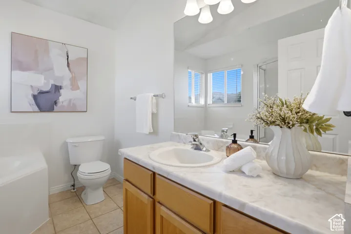 Bathroom featuring a built-in tub, white toilet, vanity with integrated sink, wood-finish cabinetry, and a large wall-mounted mirror