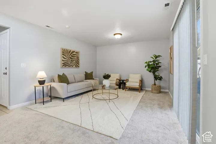 Light gray wall paint, textured carpeting, overhead flush mount lighting, sliding glass door, and a paneled interior door