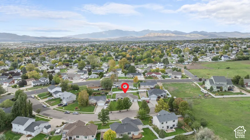 Expansive neighborhood setting with mature trees and mountain scenery
