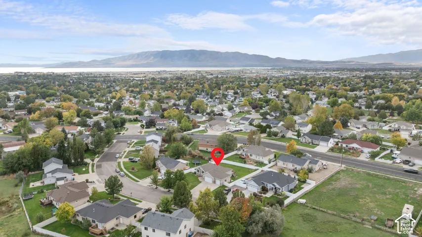 Residential neighborhood featuring mature trees and a distant body of water