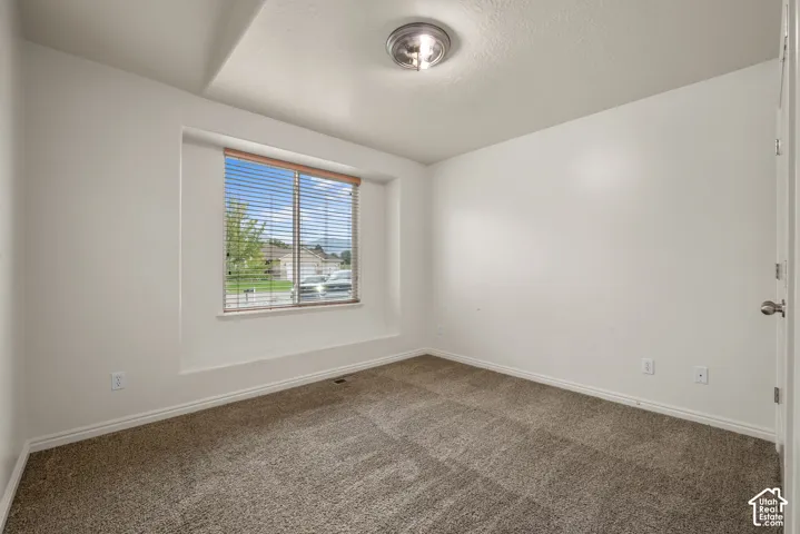 Recessed window with blinds, overhead flush-mount lighting, and neutral carpeting
