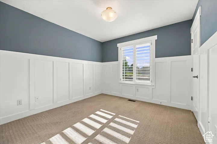 Room featuring crisp white wainscoting, neutral carpeted flooring, a multi-pane window with installed shutters, and a ceiling-mounted globe light fixture