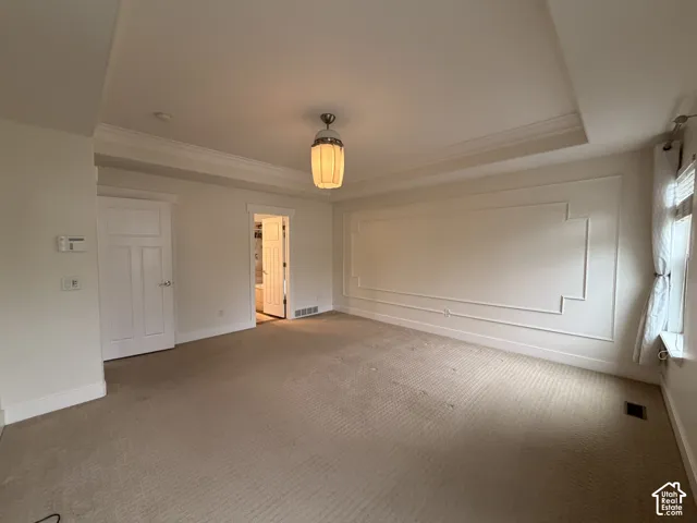 Primary Bedroom with tray ceiling and ensuite bathroom.
