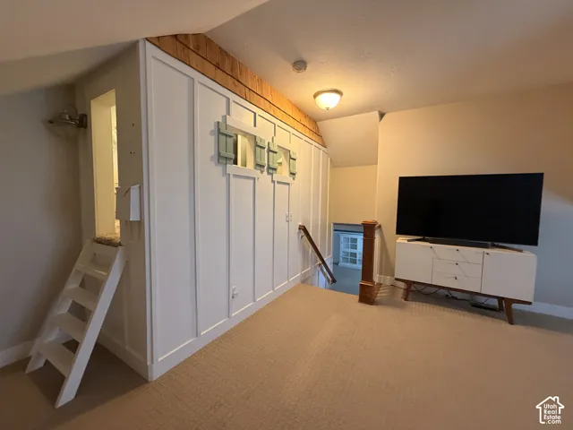Carpeted loft area featuring a paneled accent wall with decorative shutters, a built-in ladder, and wood-finish trim