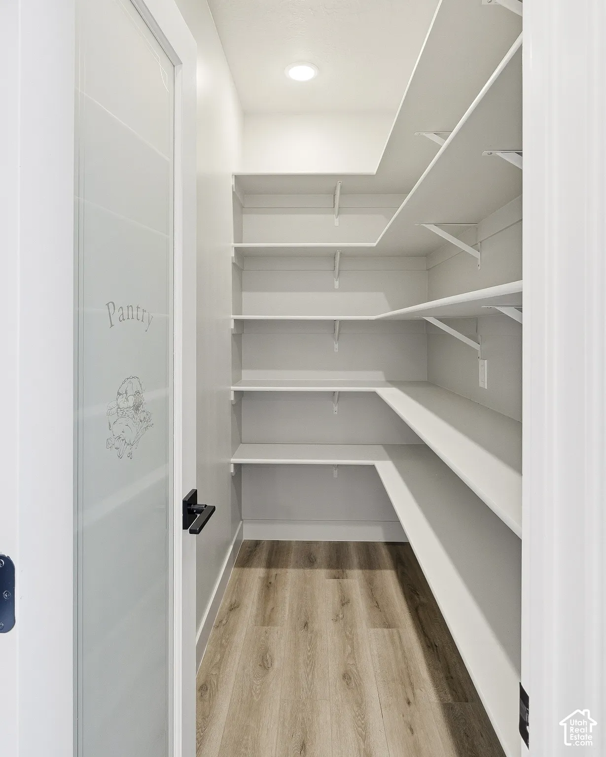 Walk-in pantry featuring extensive shelving, recessed lighting, and wood-finish flooring