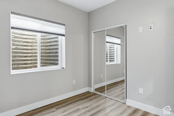Light gray walls with white trim, wood-finish flooring, and a mirrored sliding closet door