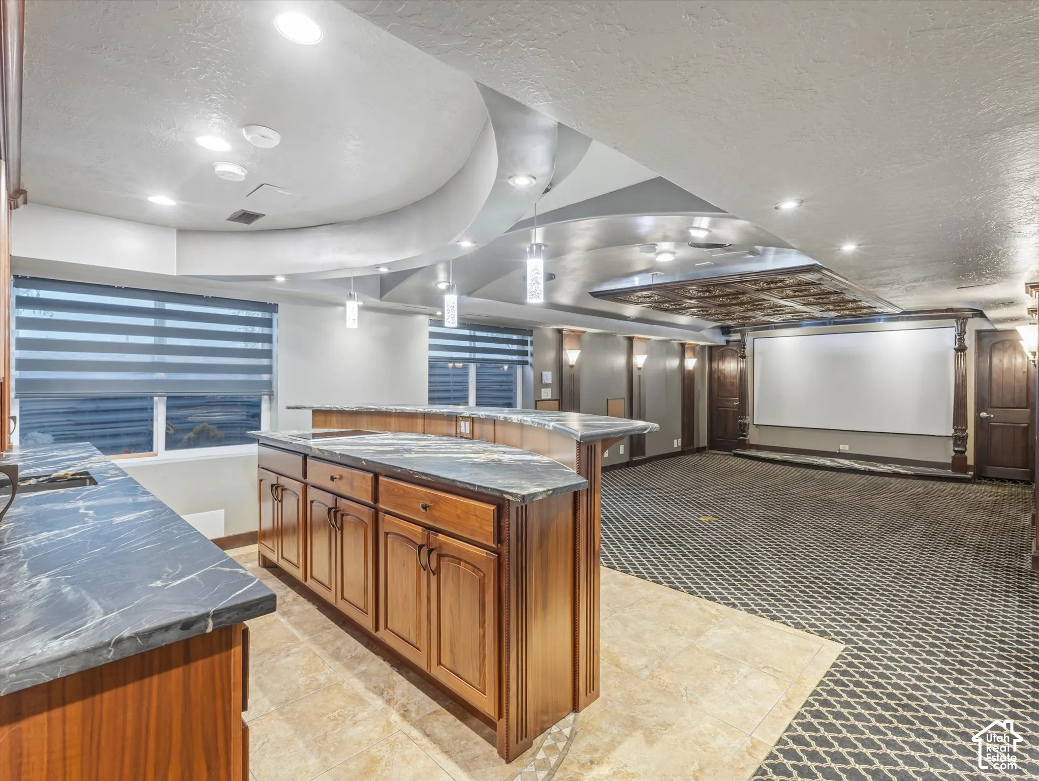 Built-in bar with stone countertops and wood cabinetry, recessed lighting, accent ceiling panels,