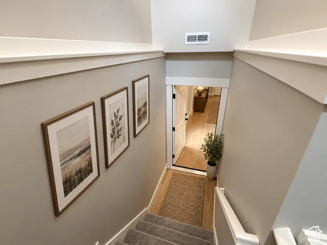 Carpeted staircase with white handrail leading to a hallway with wood-finish flooring