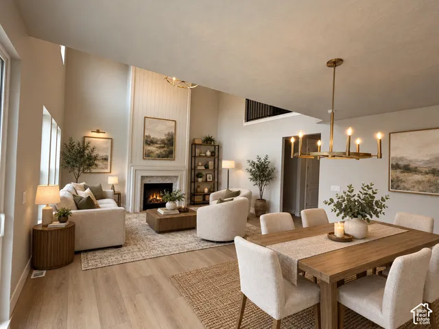 Vaulted ceilings, a fireplace with a mantel, wood-finish flooring, and a contemporary chandelier