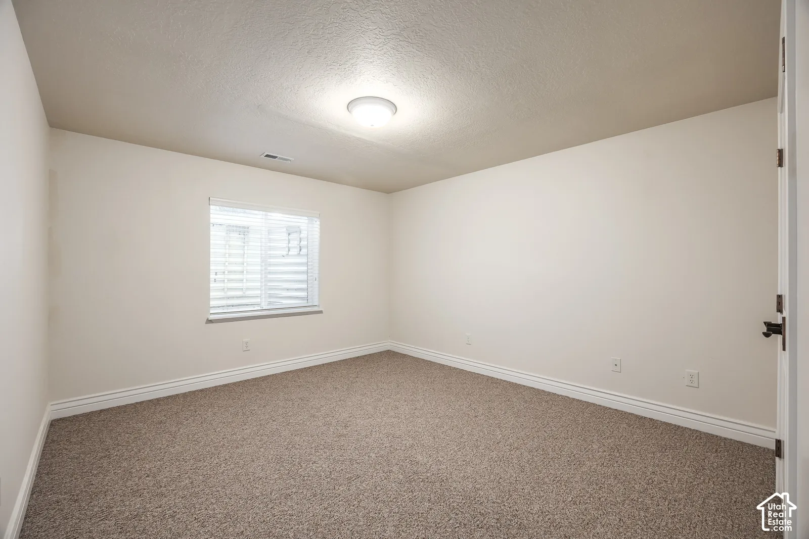 Neutral tone wall paint with textured carpet flooring