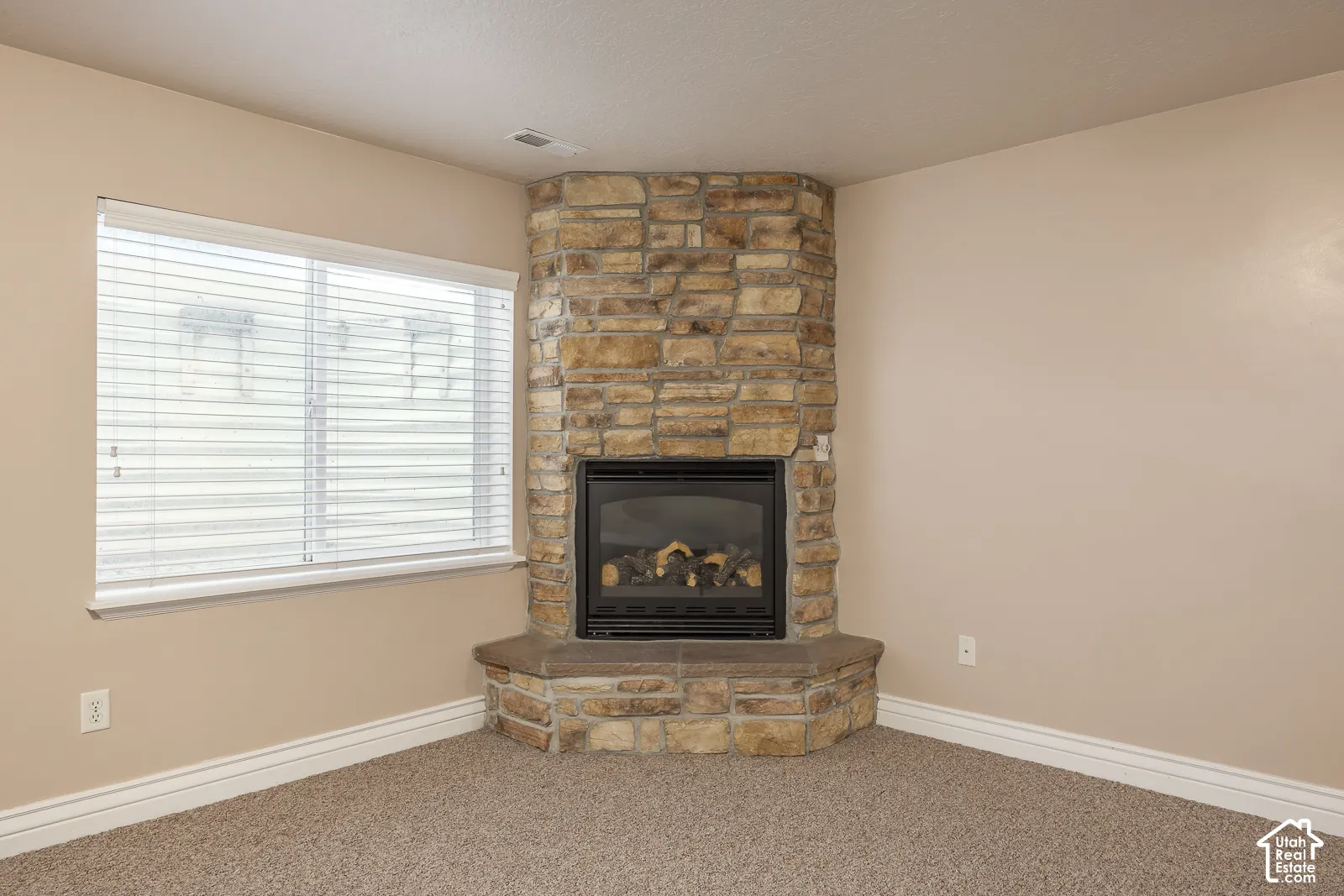 Corner stone fireplace with a black insert, light-colored walls, and neutral carpeting