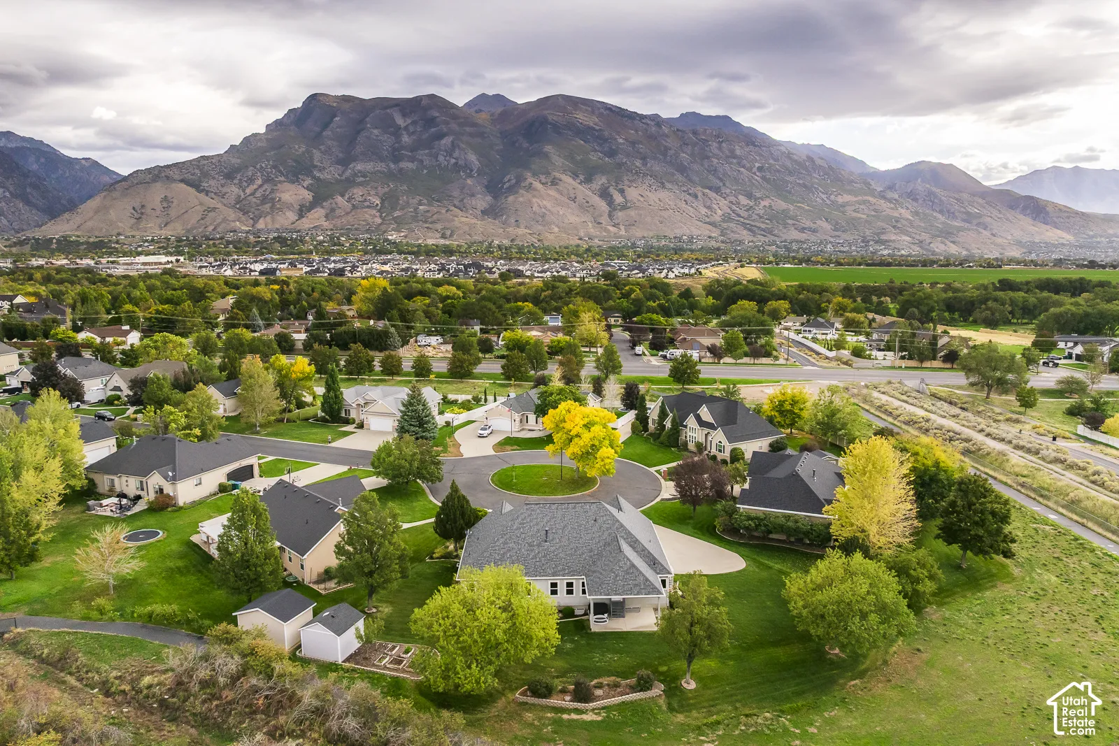 Expansive neighborhood with mountain scenery, mature trees, and a cul-de-sac street design