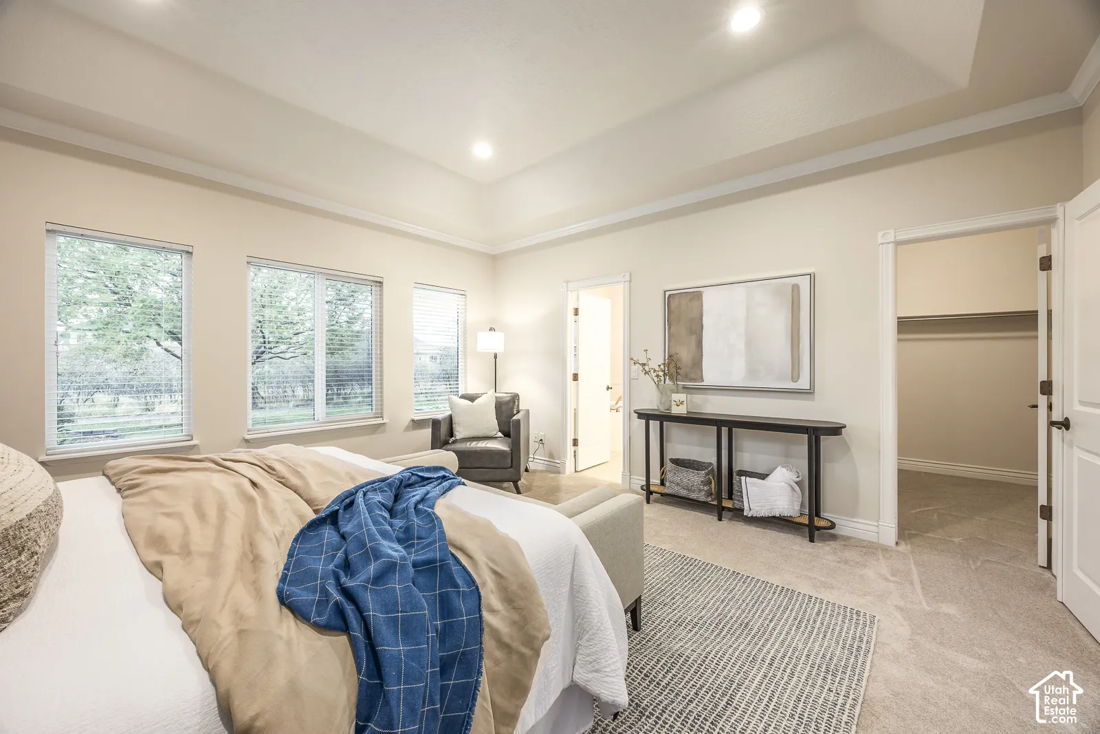 Tray ceiling with recessed lighting, three windows providing natural illumination, light-colored carpeting, white trim, and an open closet space