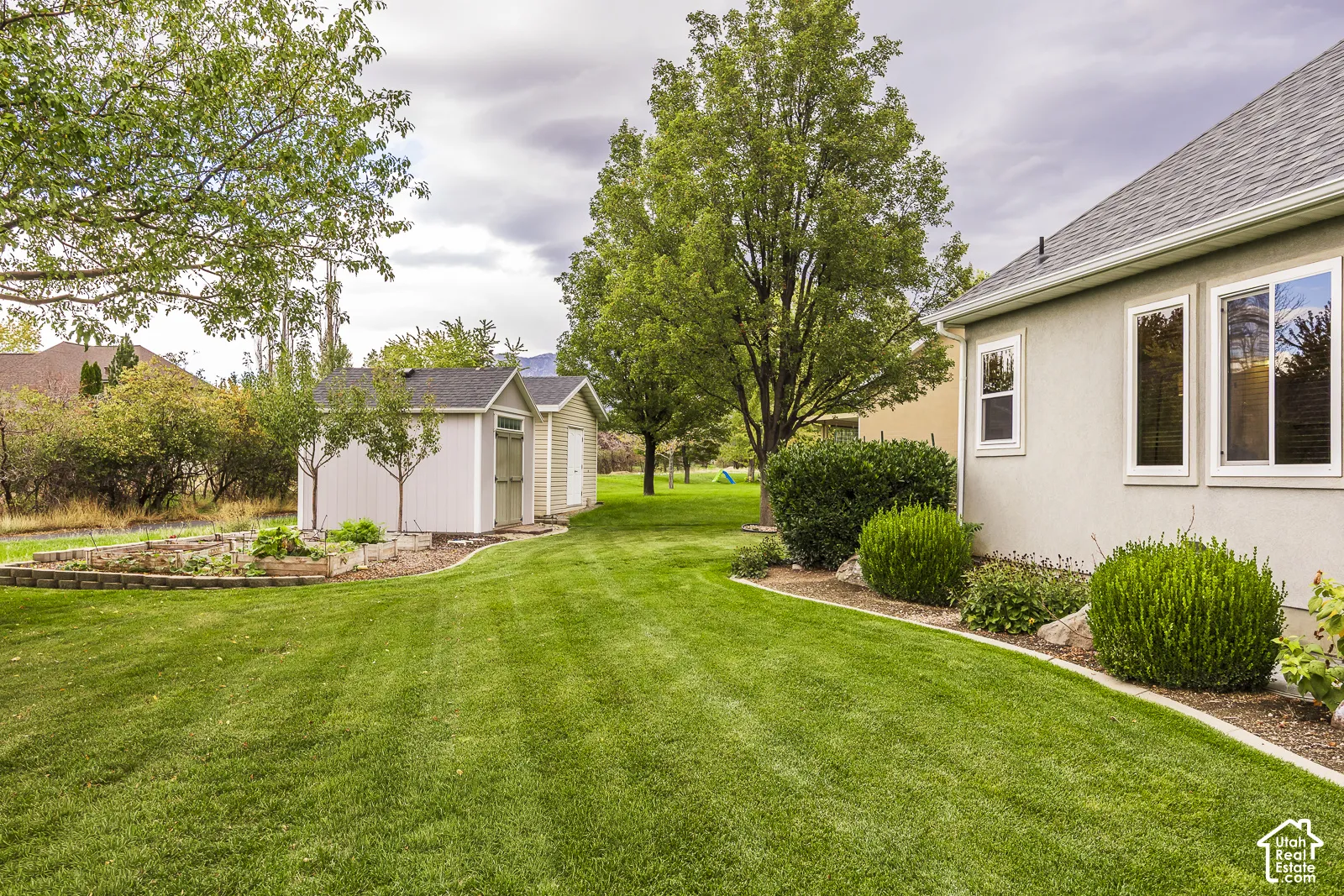 Expansive green lawn with established landscaping, two storage sheds, and raised garden beds