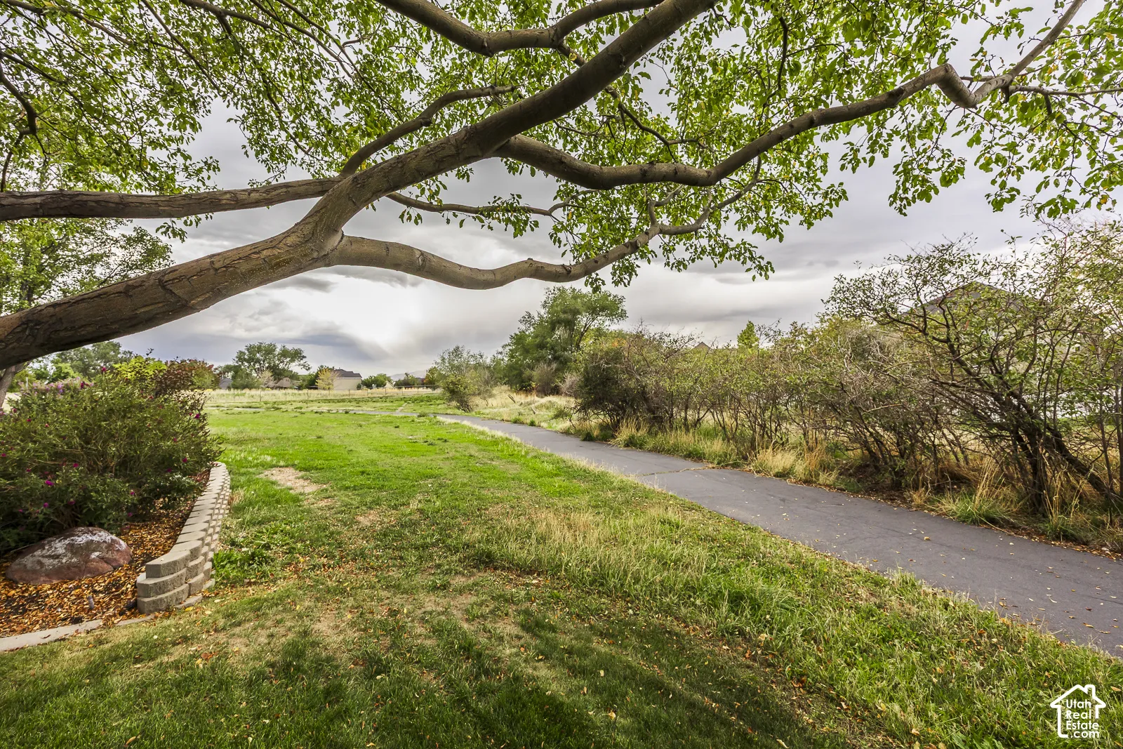 Expansive grassy area featuring a paved pathway, mature trees, and natural landscaping