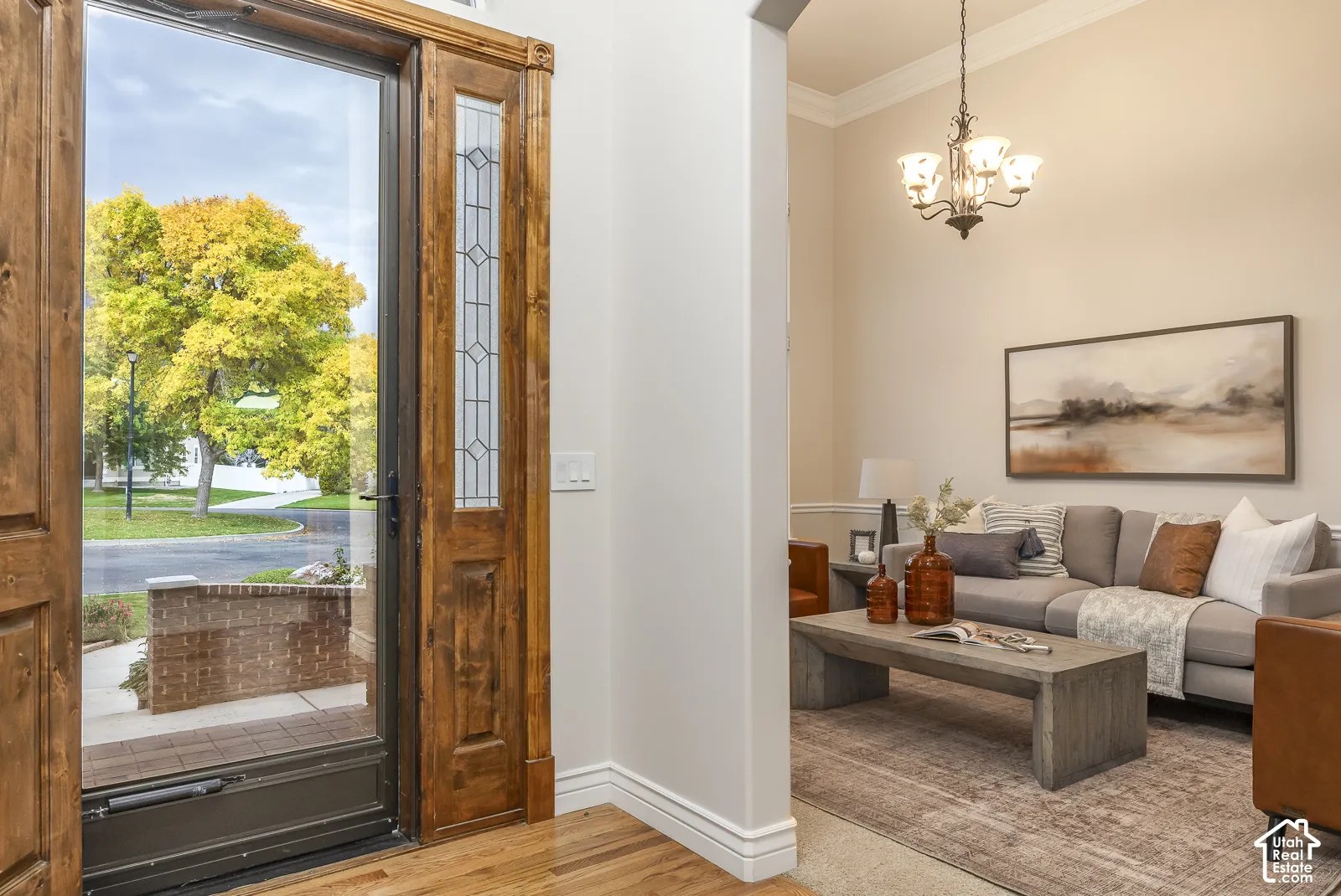 Wood-finish entry door with decorative glass sidelight