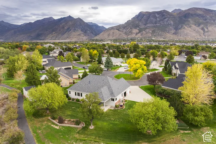 Mountain backdrop, residential neighborhood setting, paved driveways, mature trees, manicured lawns