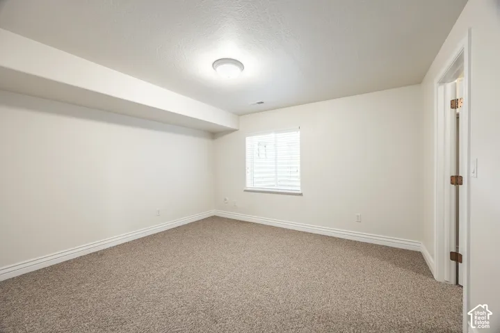 Carpeted room with a ceiling-mounted light fixture, a window with blinds, and a white interior door