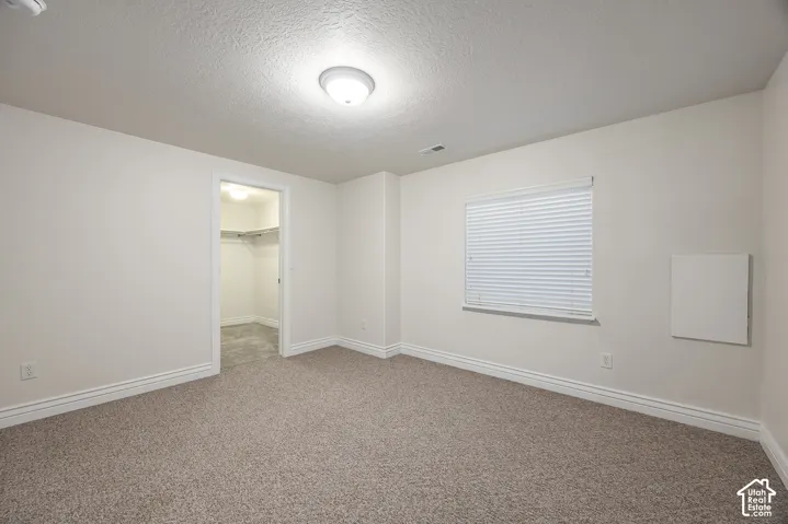 Carpeted room with a walk-in closet, overhead lighting, and window with blinds