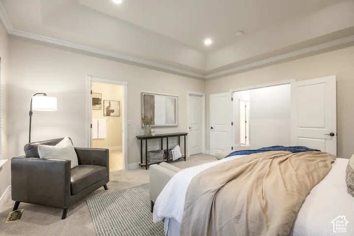 Tray ceiling with crown molding and recessed lighting