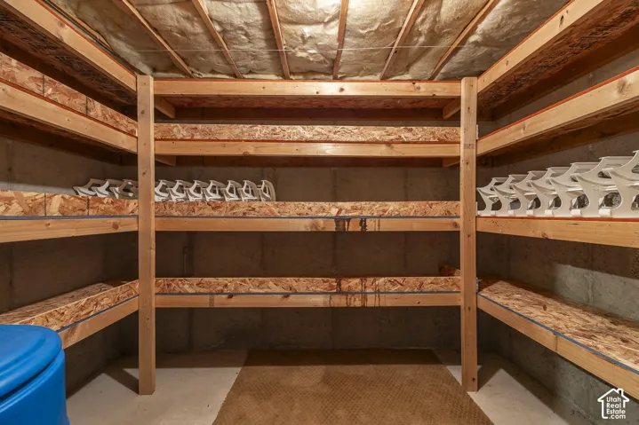Built-in wood shelving units provide ample storage