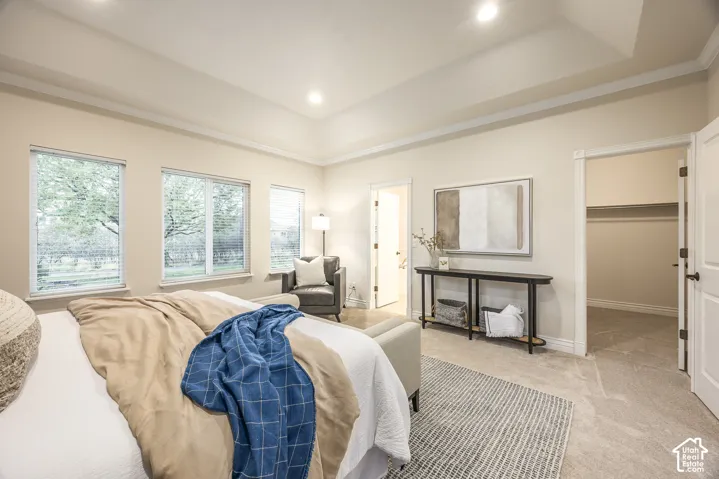 Tray ceiling with recessed lighting, three windows providing natural illumination, light-colored carpeting, white trim, and an open closet space