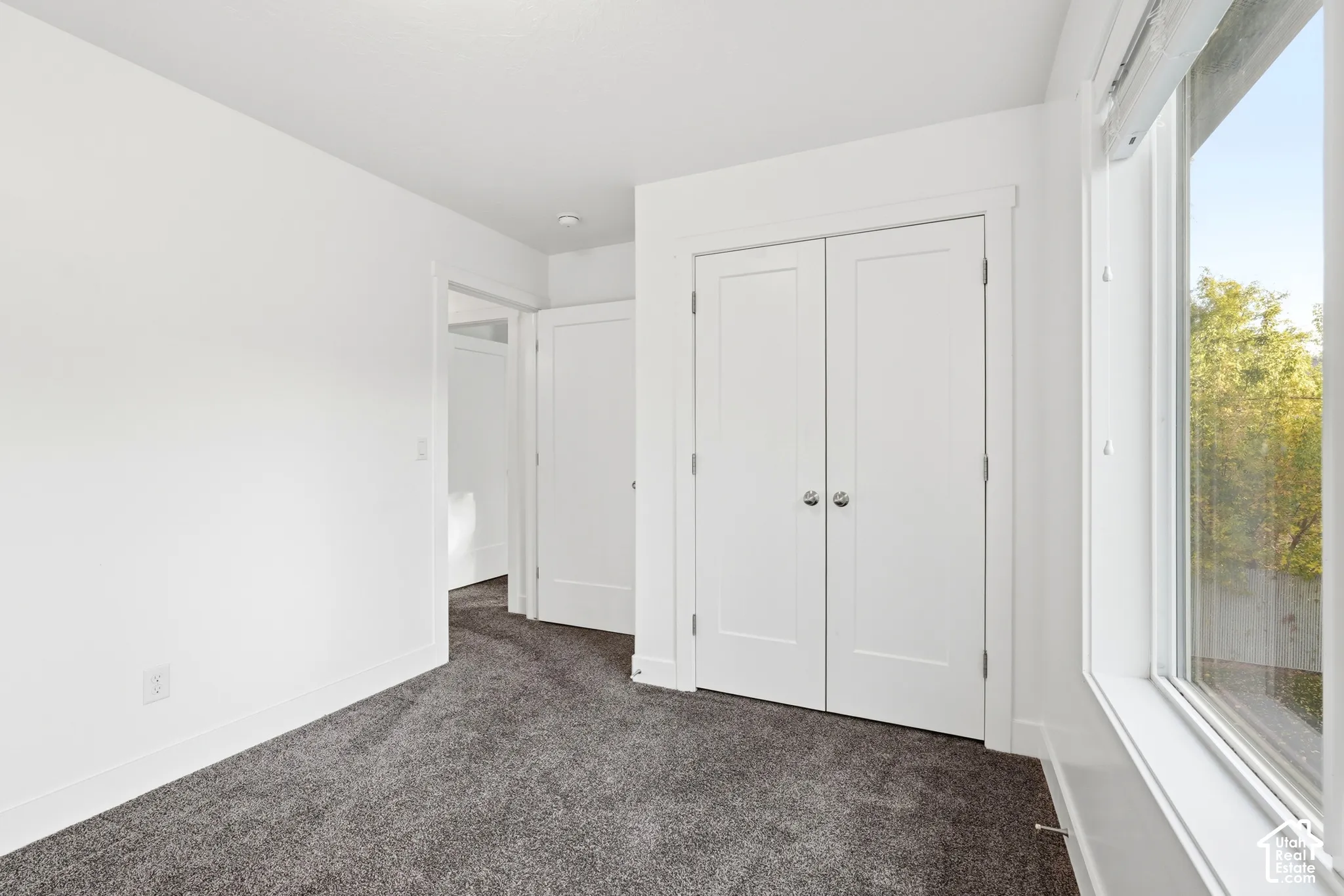 Plush gray carpeting, white trim, white walls, and a large window