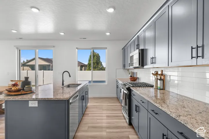 Kitchen featuring dark cabinetry, speckled countertops, wood-finish flooring, stainless steel appliances, and an island with an integrated sink