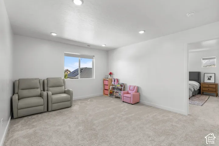 Recessed ceiling lighting, light-toned wall paint, carpet flooring, window with a roller shade, and an open doorway
