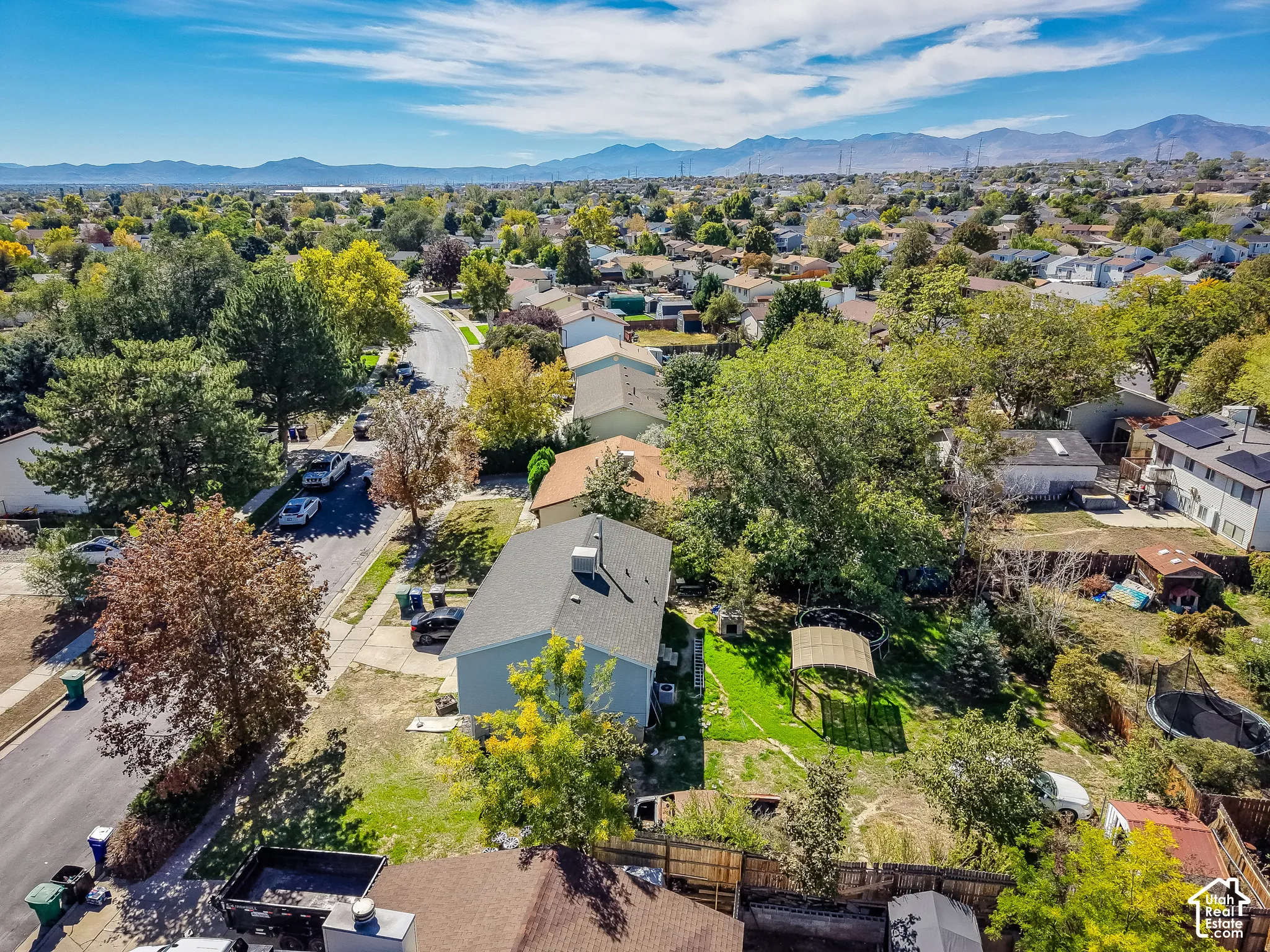 Expansive neighborhood with established trees and visible mountain range