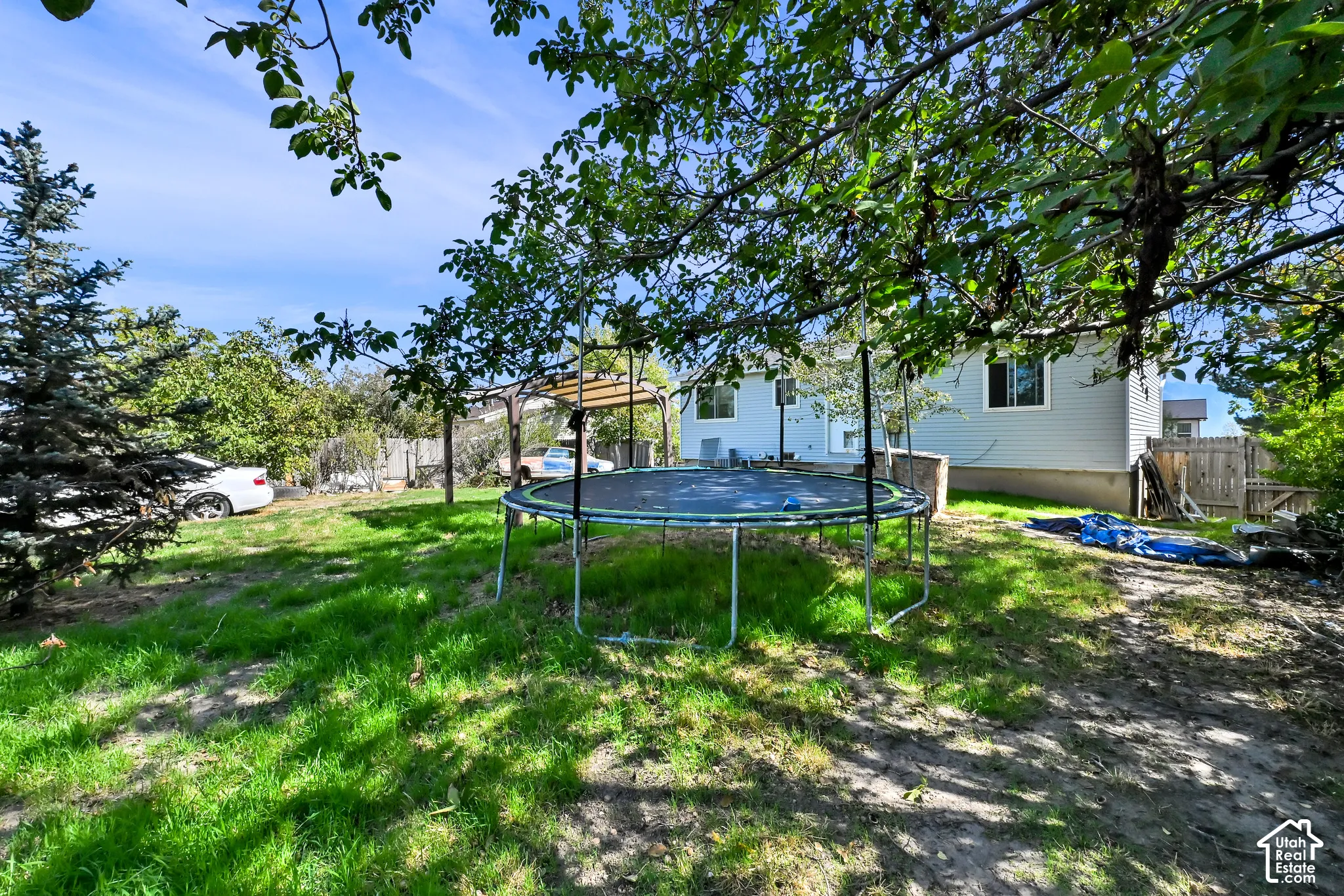 Grassed backyard with mature trees, a privacy fence, and a visible house exterior with light blue siding
