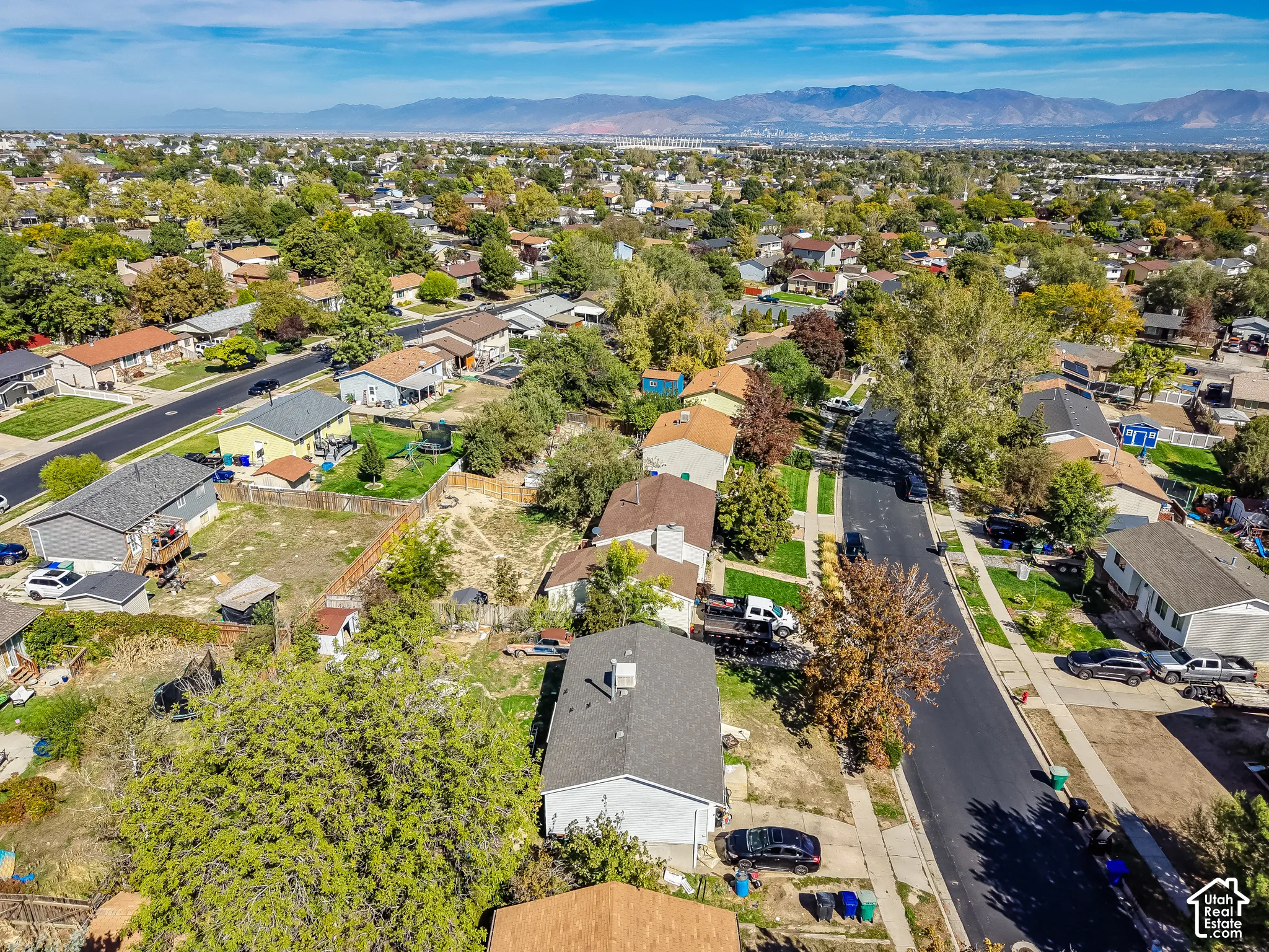 Residential neighborhood with established trees, paved streets, and distant mountain scenery
