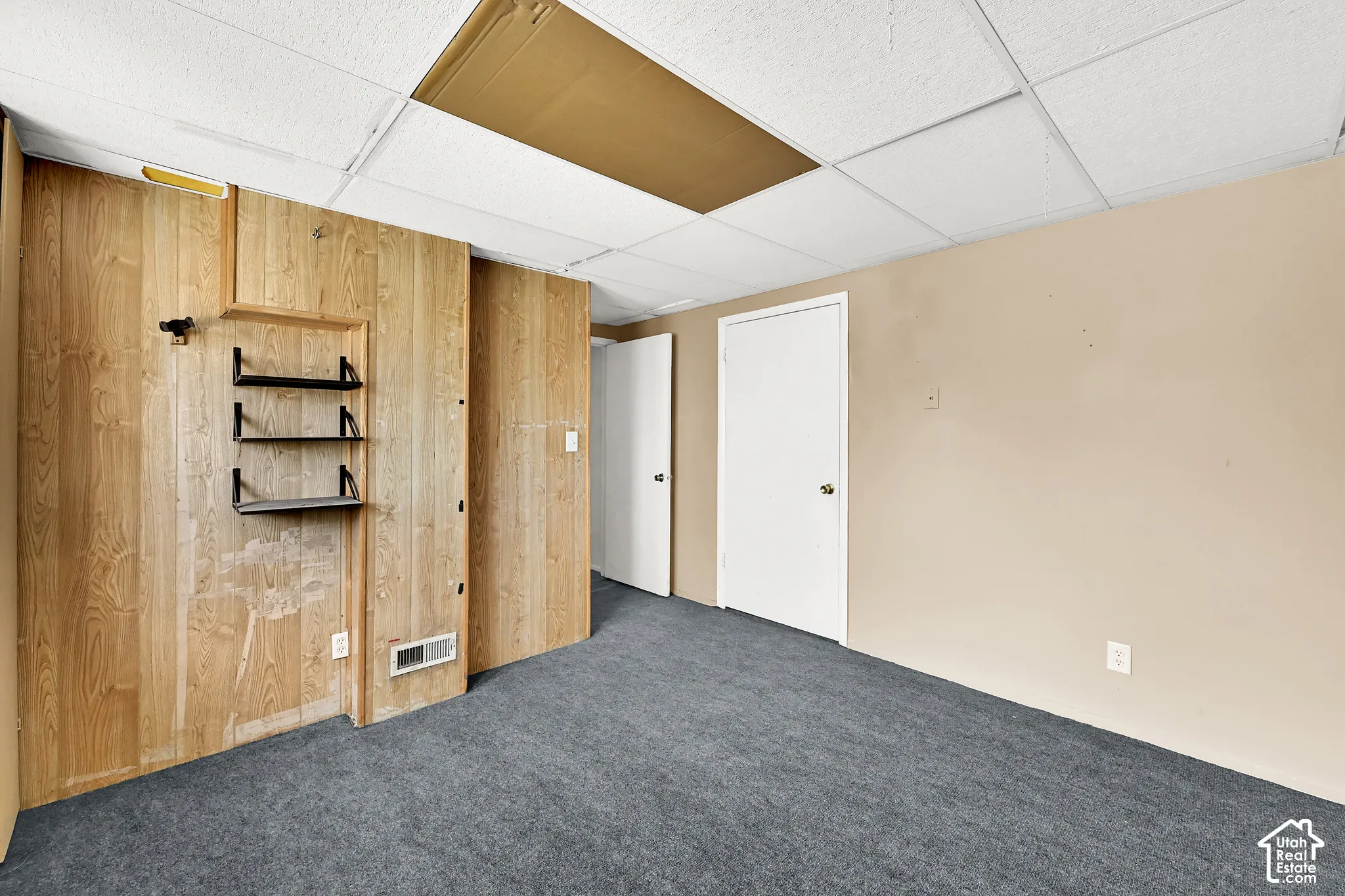 Wall-to-wall carpeting with light wood-finish paneling and built-in shelving